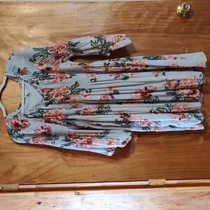 Spense Crinkle Pleated Chiffon Tunic Blue Pink Floral Bell Sleeve Sheer Size XL